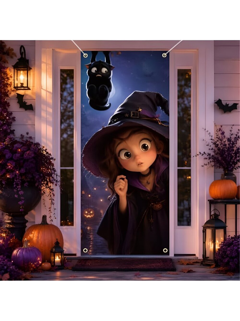 Halloween Door Cover 30 x 72 Inch Cute Witch and Black Cat Door Banner